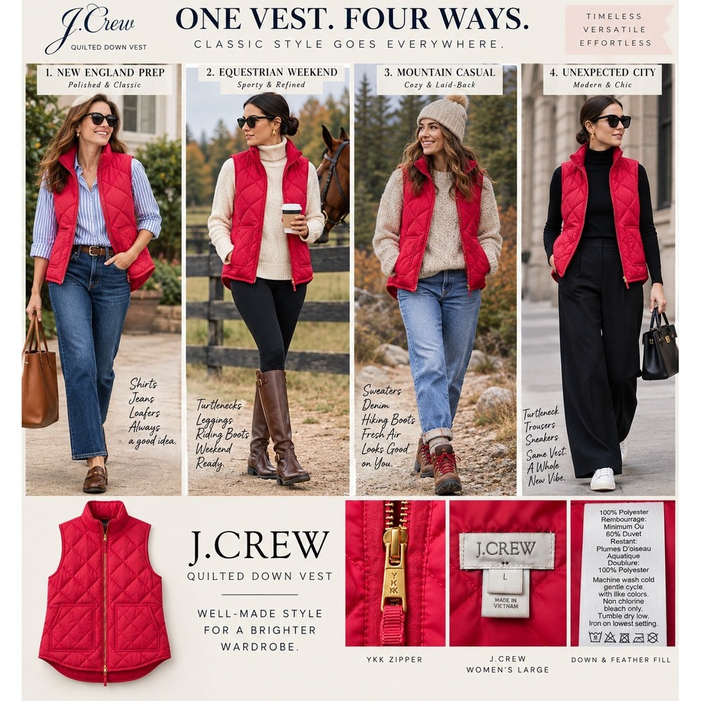 J.Crew Womens Large Quilted Down Puffer Vest Raspberry Pink Preppy Outdoor